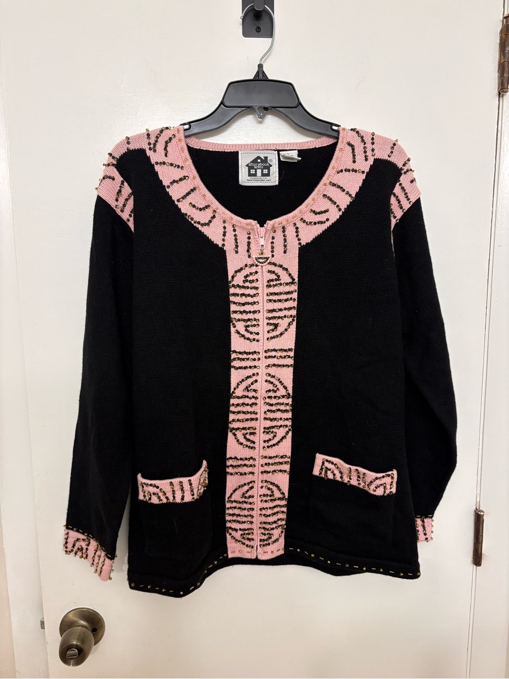 Vintage 90s Storybook Knits Chunky Beaded Cardigan Sweater Grandmacore Novelty L